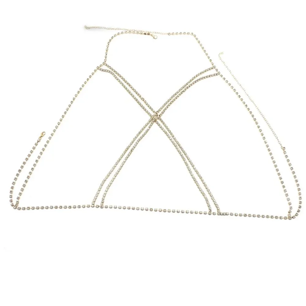Double Criss Cross Sparkling Rhinestone Bust Body Harness Chain - Picture 5 of 6